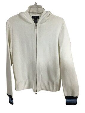 Nautica Jeans Womens Large Zip Front Hooded White Blue Trim Sweater